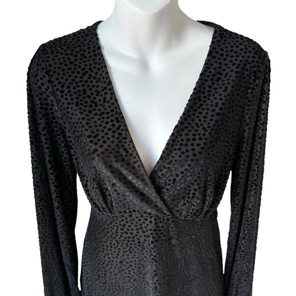 Fit & Flare Black Dress Small Faux Wrap Long Sleeves Burnout Velvet Polka Dot - Picture 2 of 15